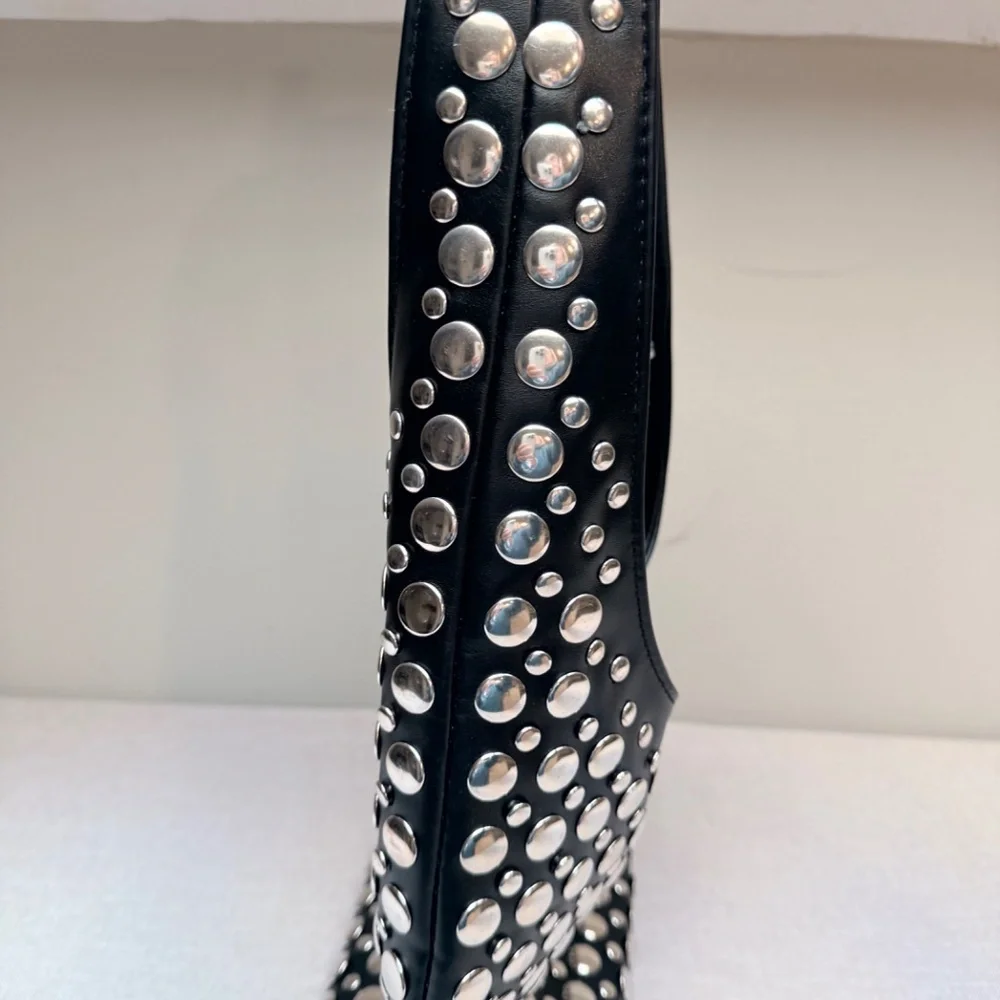 Black Studded Hobo Bag with Silver Accents - Picture 8 of 12